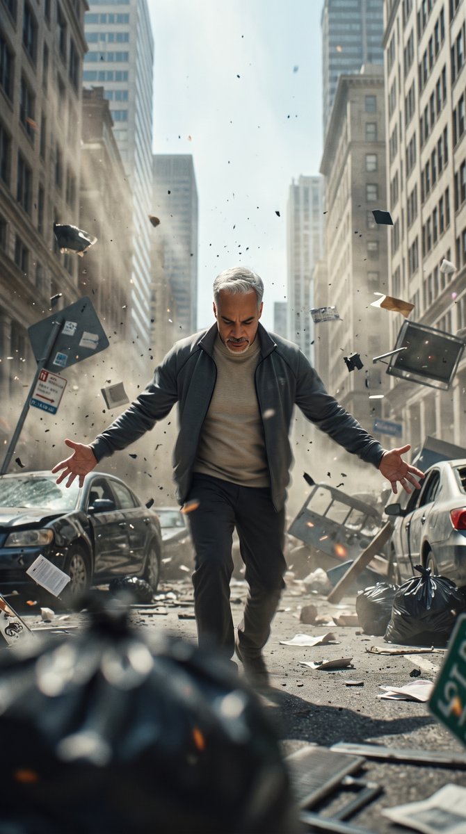 Heroic man stands amid flying debris in chaotic city street