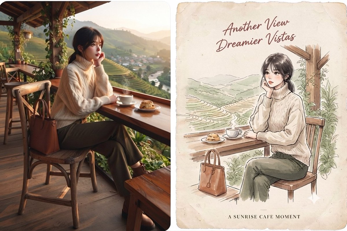 Split-Scene Sunrise Cafe: Photo and Watercolor Dream Vistas