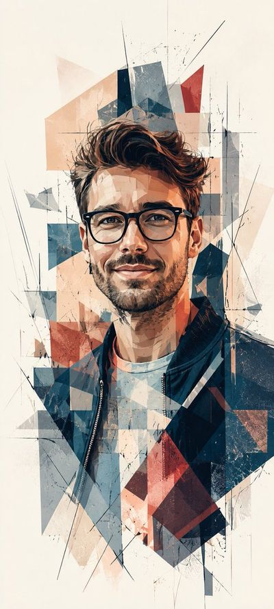Geometric abstract portrait with fragmented polygons and ink lines