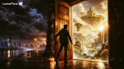 A lonely man opens a glowing door between storm and paradise