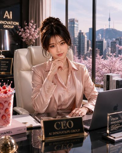 Korean CEO sits confidently behind modern executive desk in Seoul office