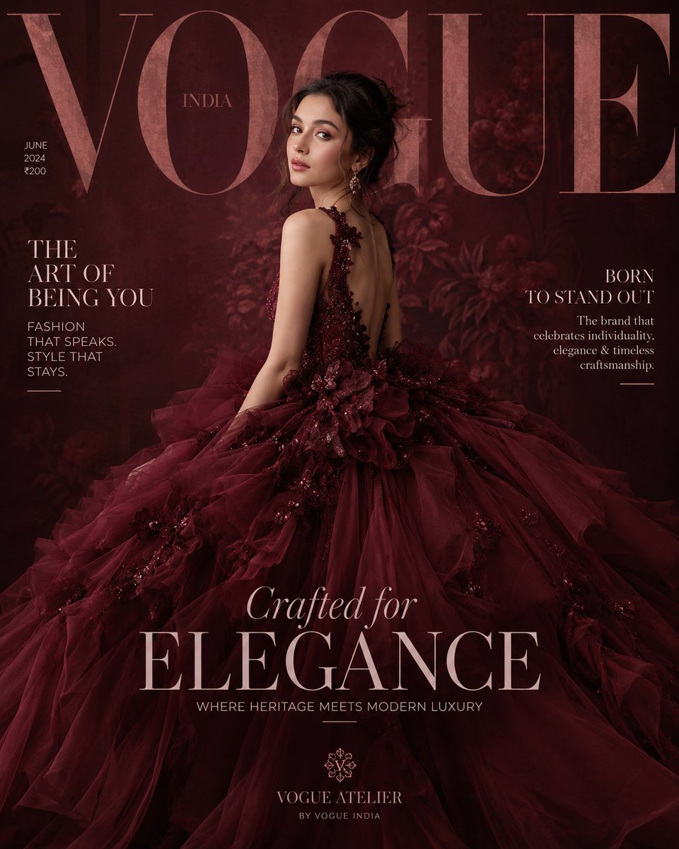 Maroon voluminous gown captivates on elegant fashion magazine cover