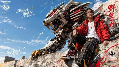 A confident model in red parka sits with Beast Liger in sunlit urban scene
