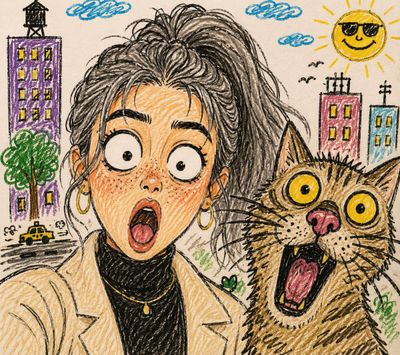 Surprised woman and shocked cat take a hilarious selfie