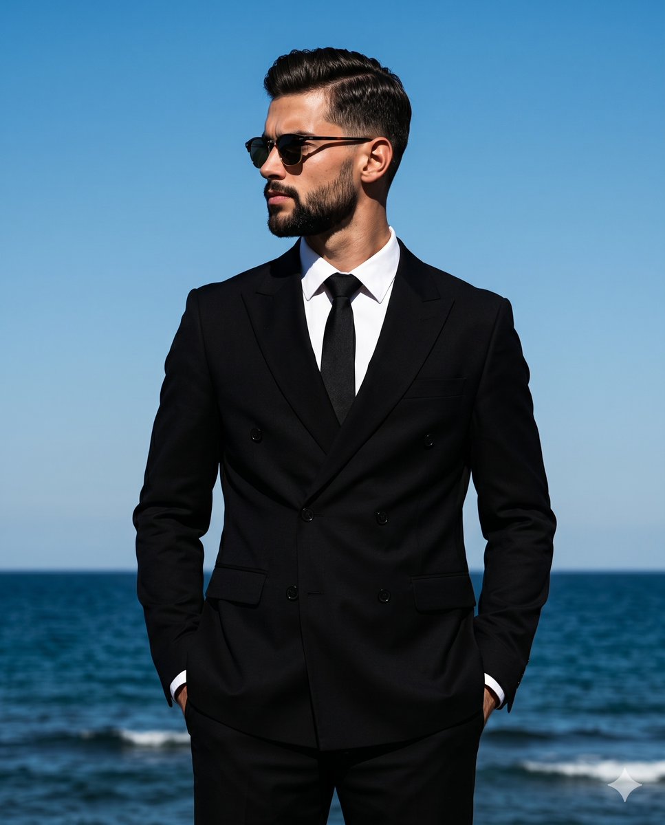 A man in a black suit stands profile against a blue sky
