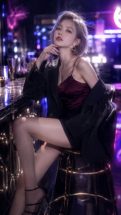 Young woman in bar neon light turns back with cold gaze