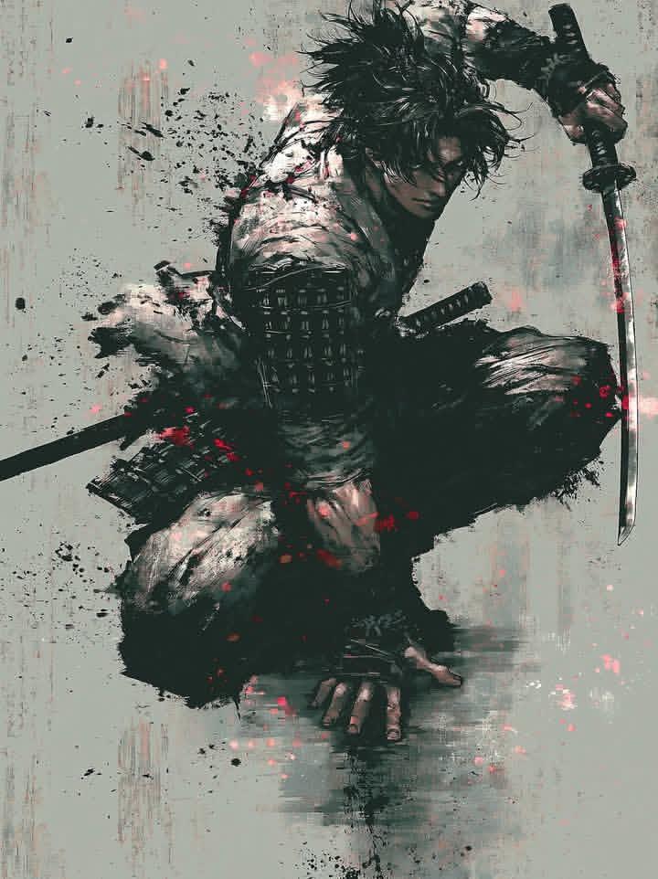 A lone samurai warrior poses with katana in dynamic ink-wash style
