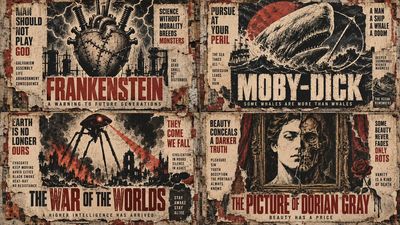 Weathered poster campaign with four classic book covers