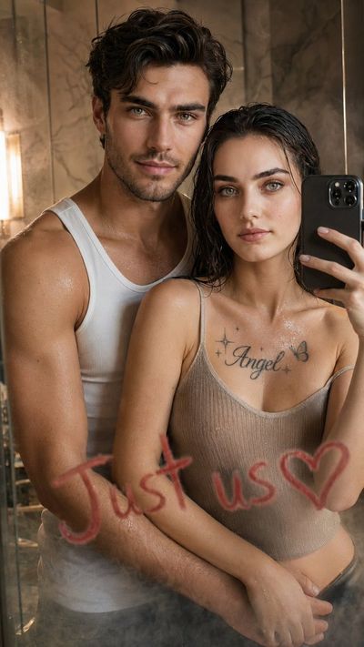Couple shares an intimate mirror selfie in steamy bathroom