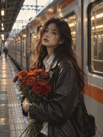 Woman in leather jacket holds crimson flowers on gray train platform