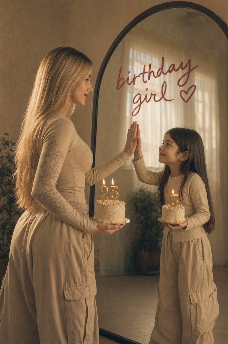 A blonde woman high-fives her childhood reflection in a mirror