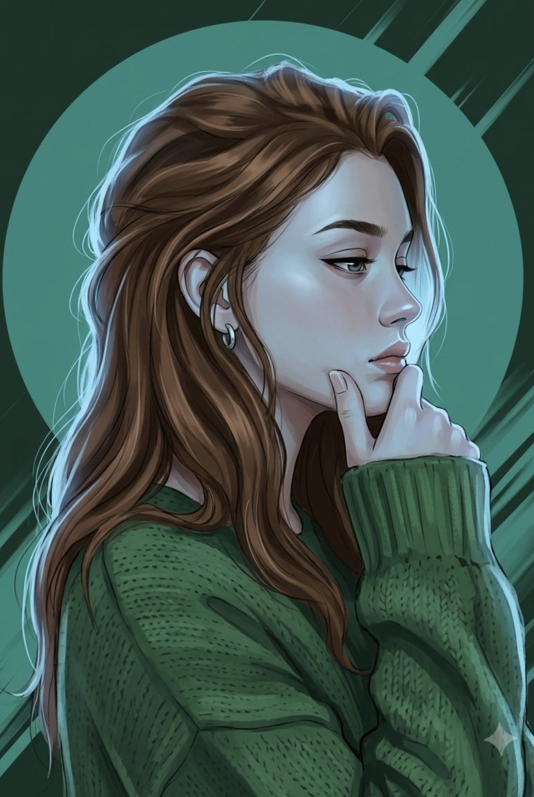 Cool-toned portrait of a thoughtful figure in a green sweater