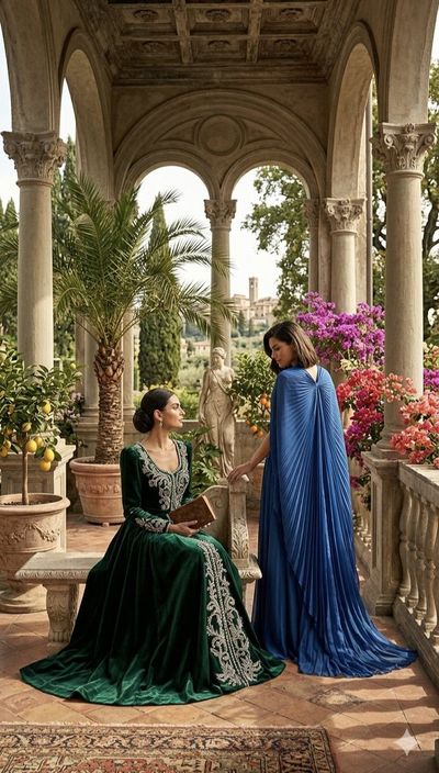 Two elegant women in a sunlit Italian villa loggia