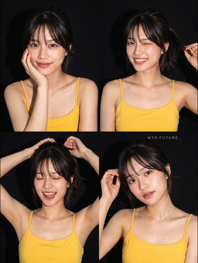 Four playful expressions shine in yellow camisole photo grid