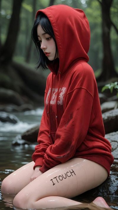 Serene Contemplation: Photorealistic Portrait in a Forest Stream