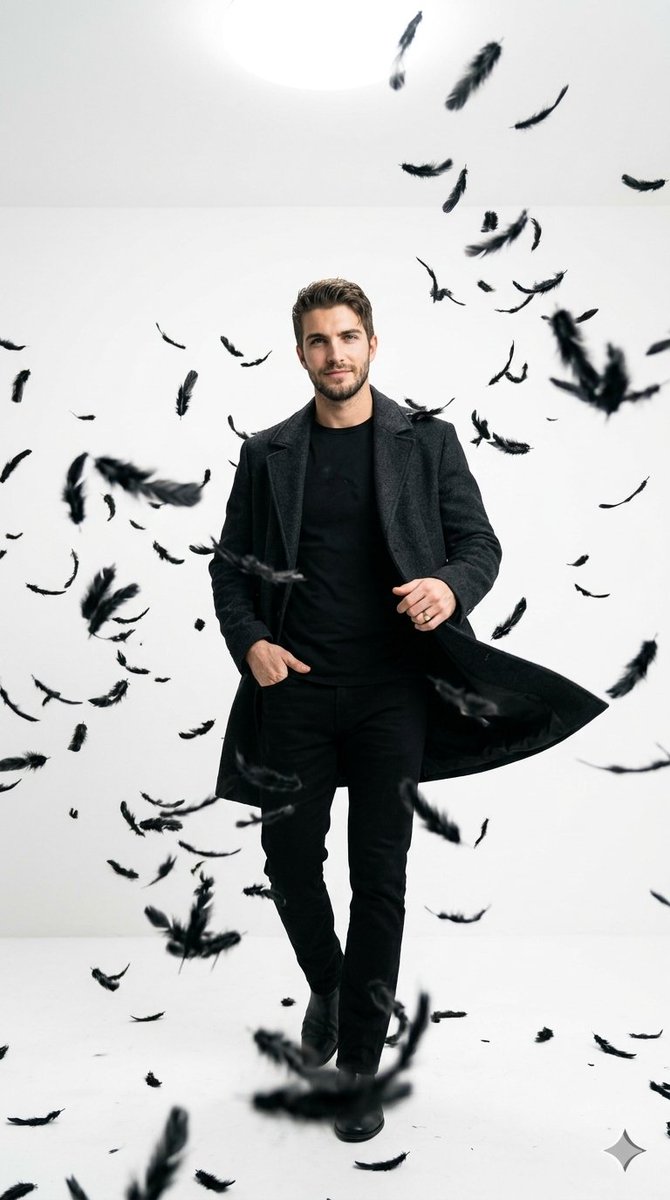 A man in black stands amid swirling feathers in a bright studio