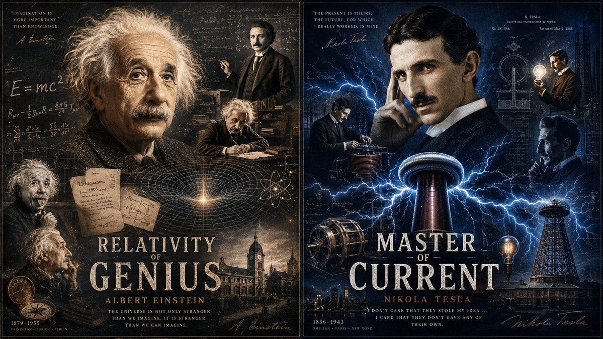 Albert Einstein and Nikola Tesla pose with their greatest inventions