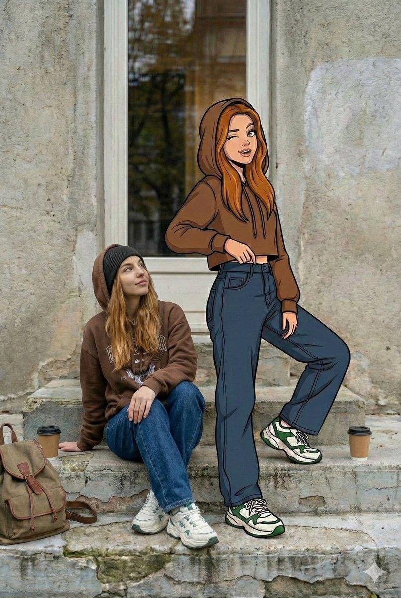 Young woman sits with her cartoon twin on worn urban steps