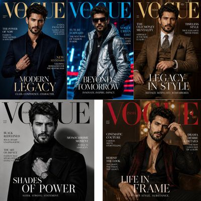 A sharp-jawed male model appears across five Vogue-style magazine covers