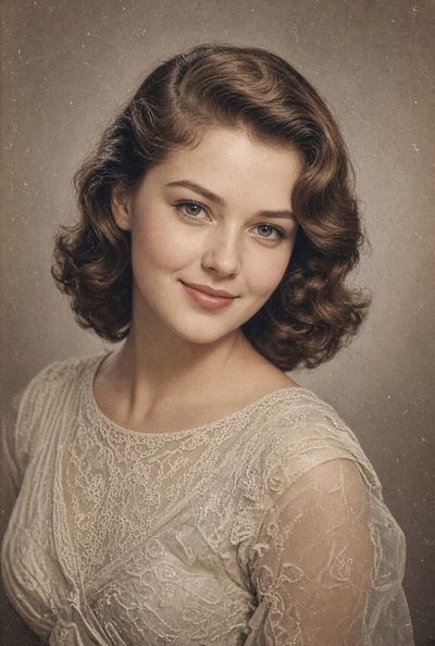 Soft smiles radiate classic old-Hollywood elegance in vintage portrait