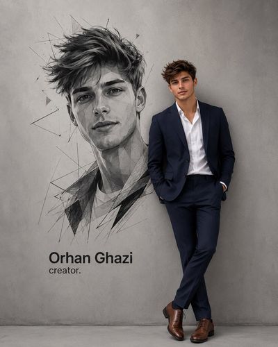 A confident actor in a navy suit poses beside his geometric sketch