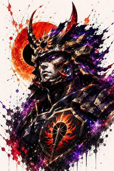Armored samurai with glowing purple eyes faces a solar eclipse