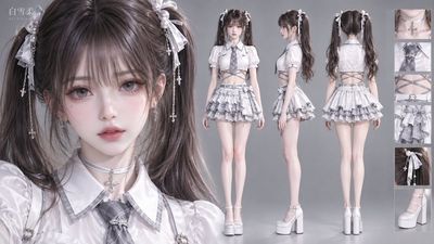 Silver-Grey Academic Fashion Character Sheet with Three Full-Body Views