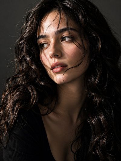 Sharp directional light casts intricate leaf shadows across her face