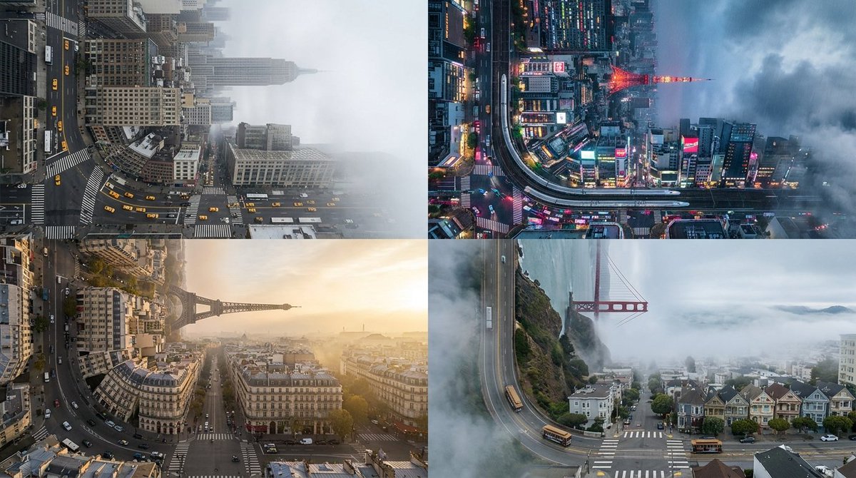 City Grid Curves Ninety Degrees Upward in Surreal Inception Cityscape