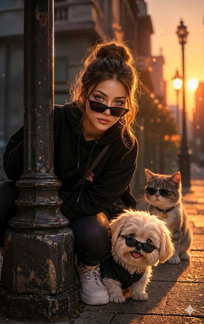 Confident woman in black hoodie crouches by vintage lamppost with pets