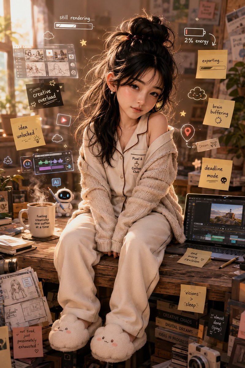 Sleepy chibi creator in cozy studio basks in warm sunrise light