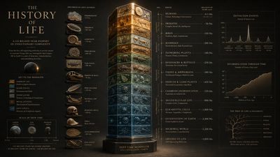 Layered glass monolith charts life's evolution across deep time