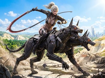 Cyberpunk Warrior and Her Mechanical Beast