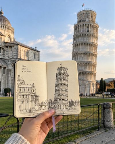 Hand Holds Sketchbook Aligning Real Landmark With Ink Drawing