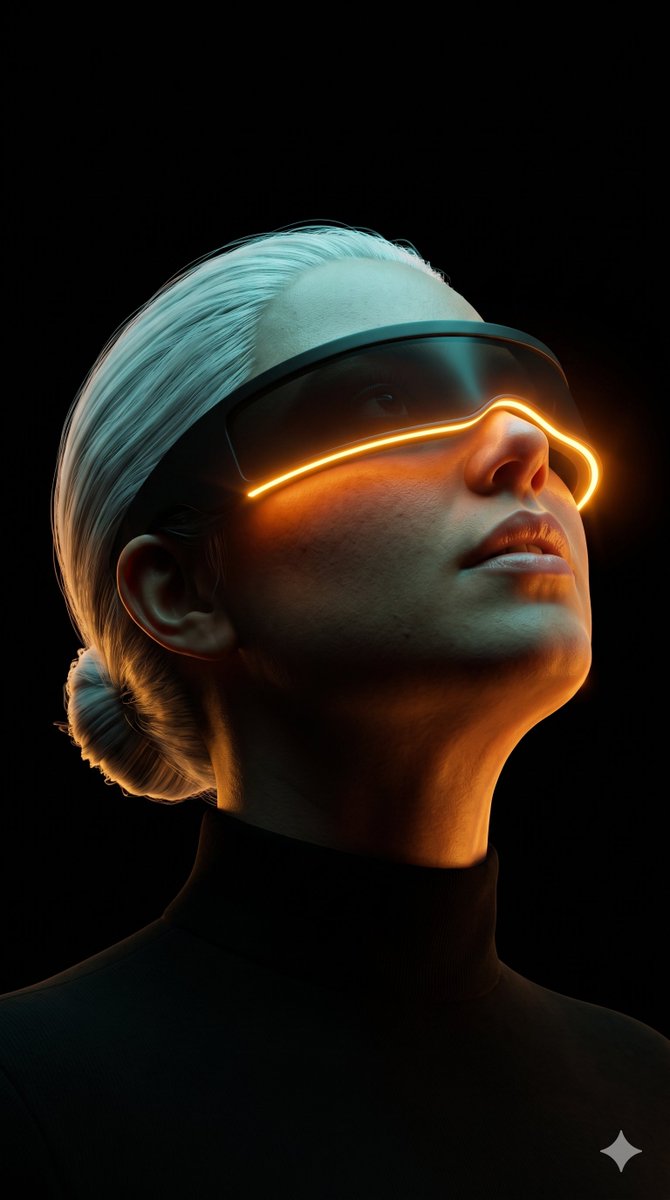 A cyberpunk figure gazes upward while wearing a glowing visor