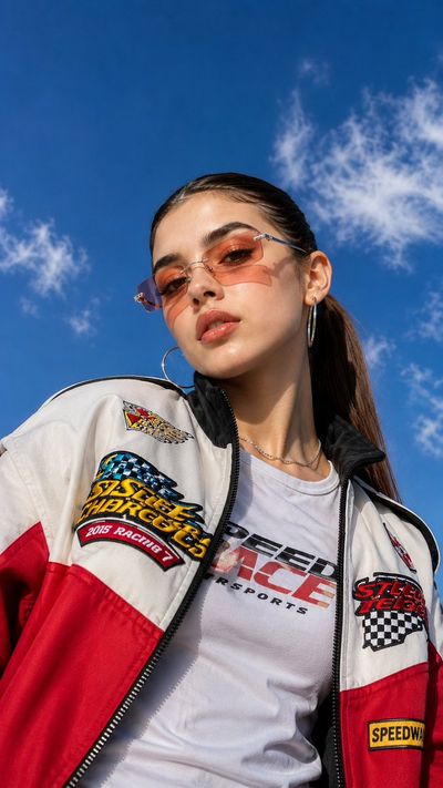 A confident woman in retro racing jacket looks away with sultry gaze