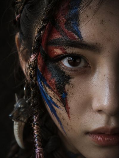 A tribal warrior's intense gaze emerges from dark shadows