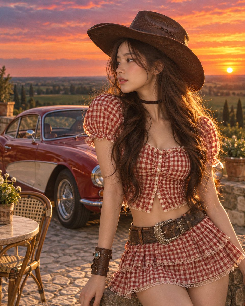 She Turns Her Profile to the Burning Sunset in Western Gingham