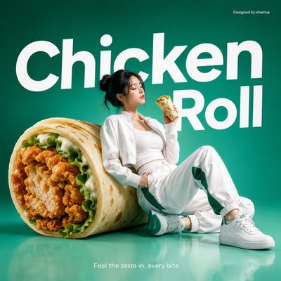 Woman leans against giant chicken roll in minimalist teal ad