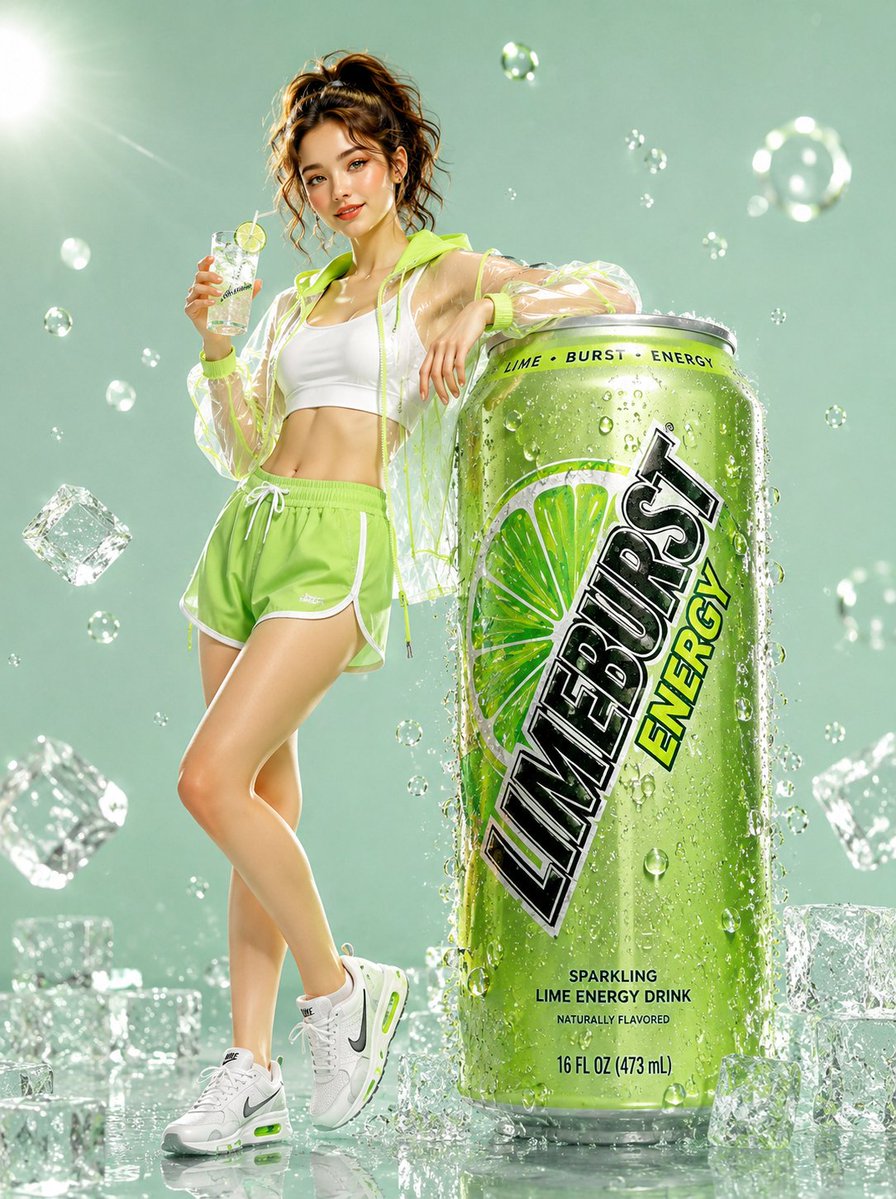 A confident woman in neon green poses with an oversized energy drink