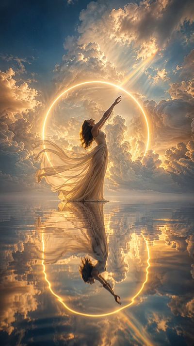 Ethereal woman in silk gown stands on mirror-like ocean at golden hour