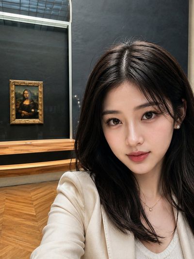 Athlete takes a museum selfie with Mona Lisa in background