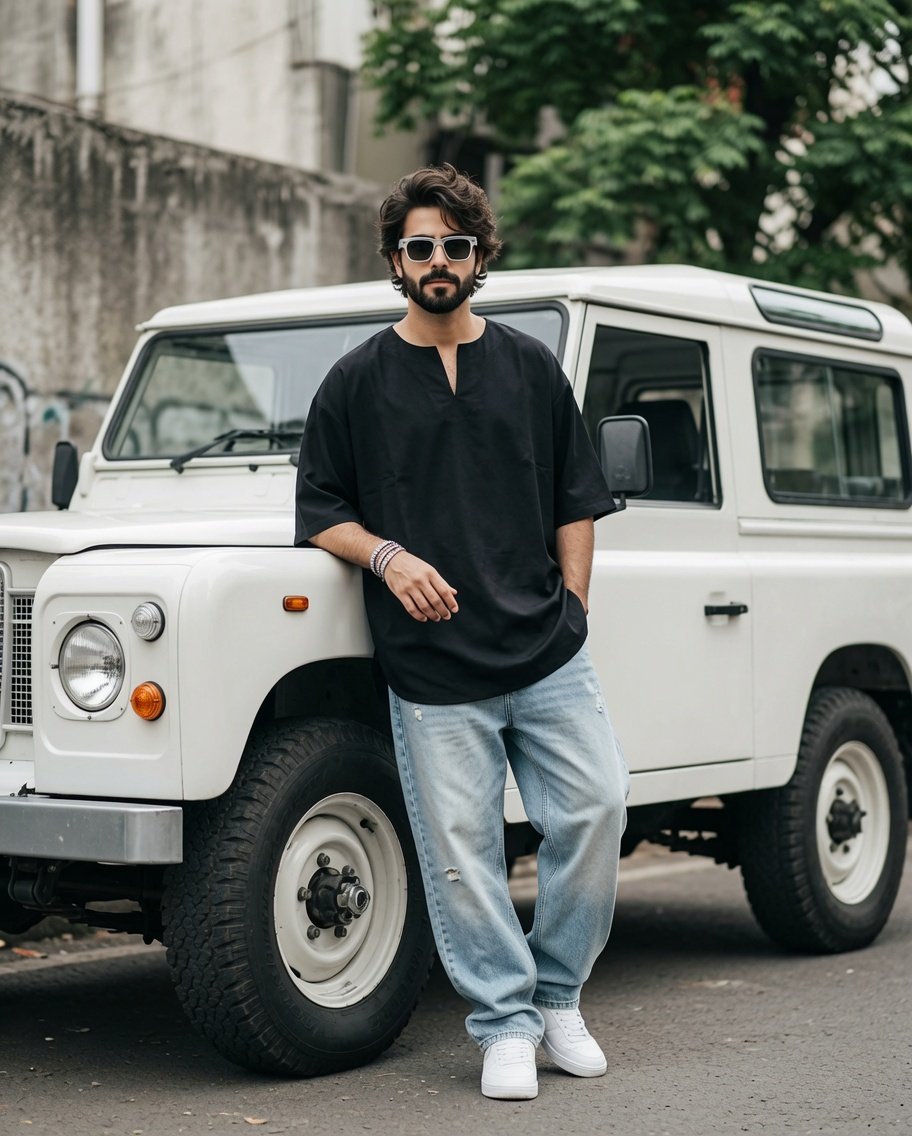 Man leans against classic white SUV in urban street portrait