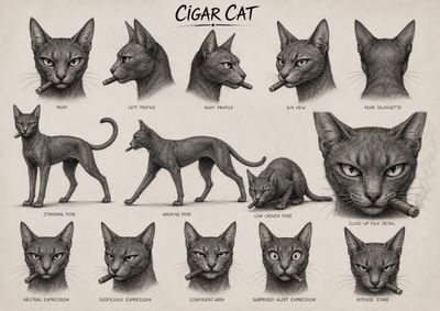 Sleek anti hero cat smokes cigar in cinematic character sheet