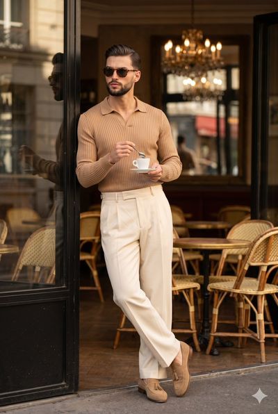 A stylish man in tan polo leans against a black storefront.