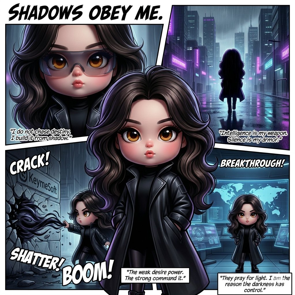 A cute chibi girl commands dark power in a neon cyberpunk city