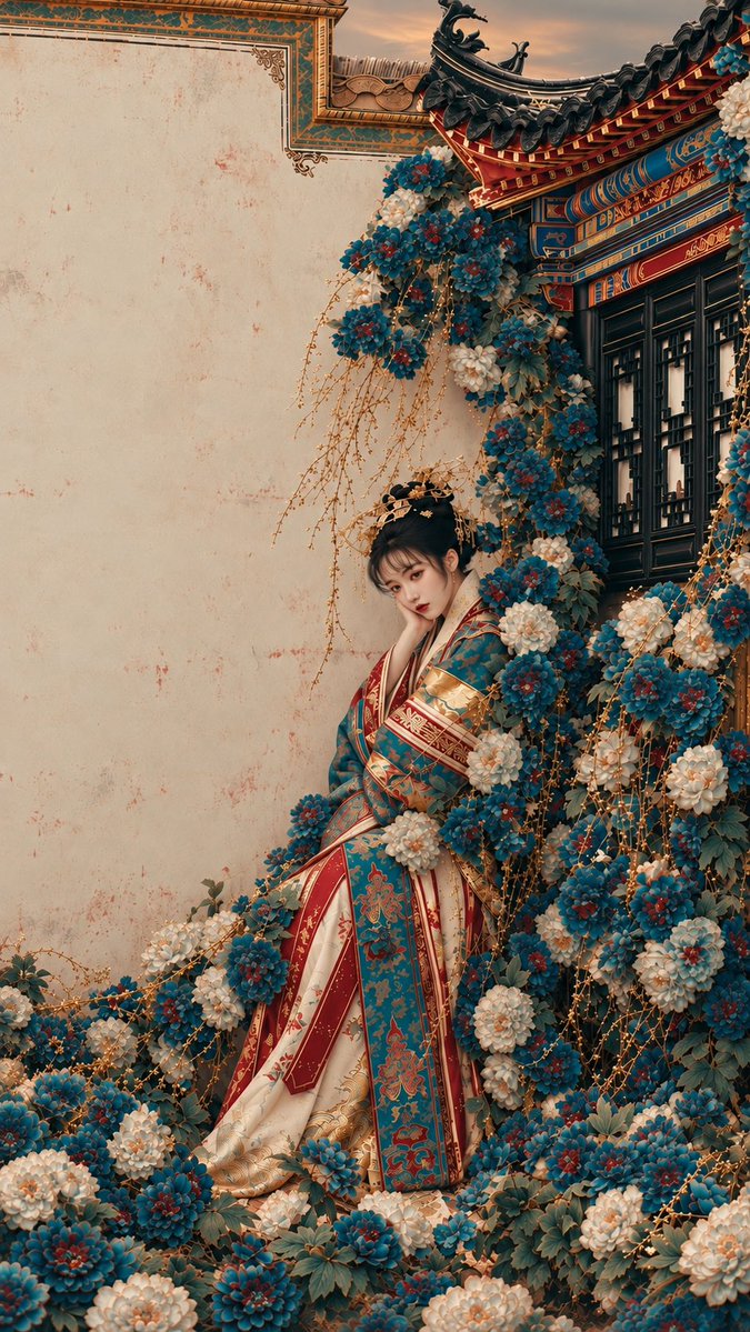 Melancholic Chinese Noblewoman Rests Among Turquoise Peonies in Palace