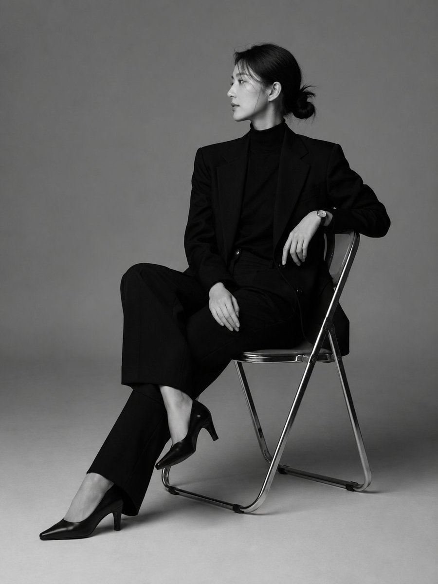 A Korean woman in a black blazer poses sharply in profile