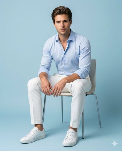 Man in blue shirt leans forward in soft pastel studio light