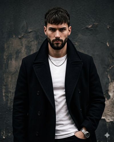 A man in a dark coat stares intently in a gritty studio